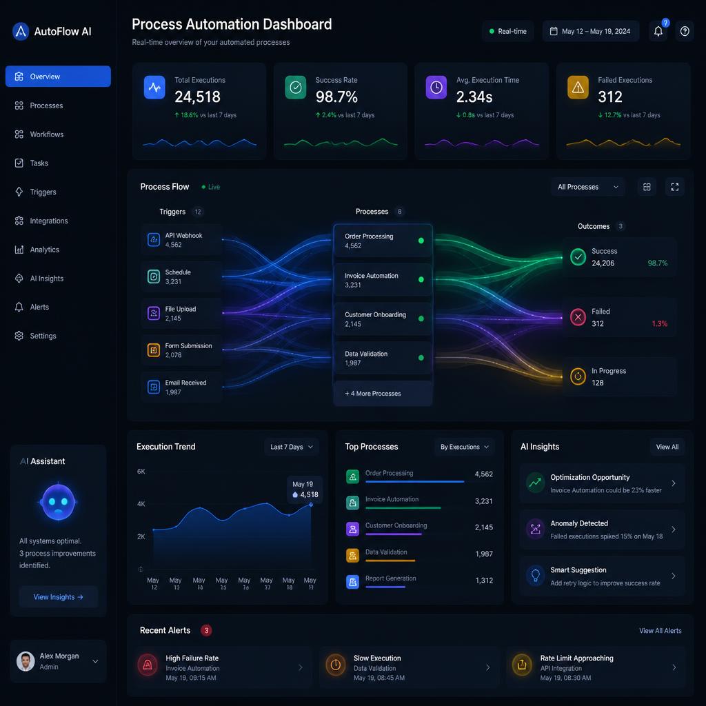 Digital dashboard showing real-time process automation metrics with flowing data visualization, modern AI interface
